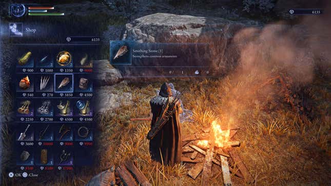 The player character stands near a campsite.