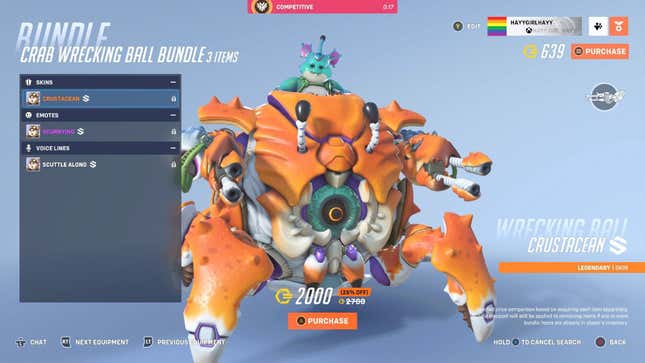 Crustacean Hammond skin in Overwatch 2