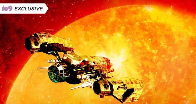 A spaceship crosses a fiery sun on a crop of the cover of Stars and Bones by Gareth L. Powell.
