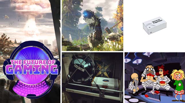 Clockwise from left: Fallout 4 (Image: Bethesda Softworks), Horizon Zero Dawn (Image: Sony) Universal Paperclips (Screenshot: Frank Lanza), Day Of The Tentacle (Image: Double Fine Productions), Starfield (Image: Bethesda Softworks)