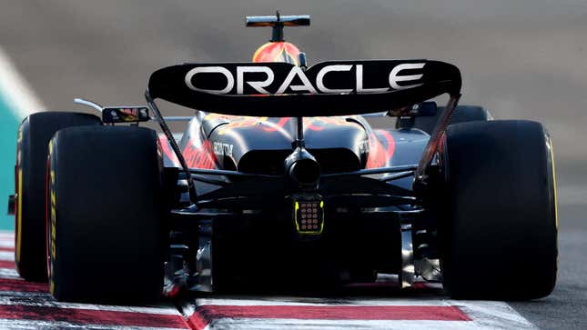The Oracle logo is displayed on the back of a Formula 1 race car's rear wing.
