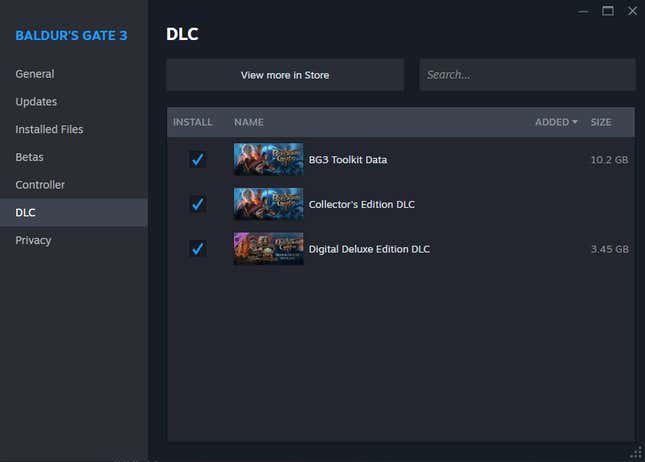 The Steam menu to look at Baldur's Gate 3's DLC.