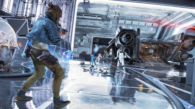 An image shows Kay fighting off stormtroopers in Outlaws. 