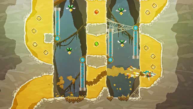 Ein Screenshot von Pepper Grinder, wo der Spieler in den Sand bohrt und Schalter umlegt, um einen Weg nach oben freizumachen.