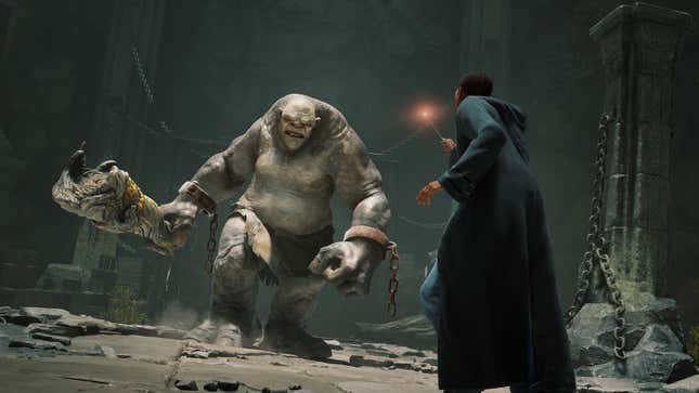 A screenshot shows a wizard in Hogwarts Legacy fighting a large monster. 