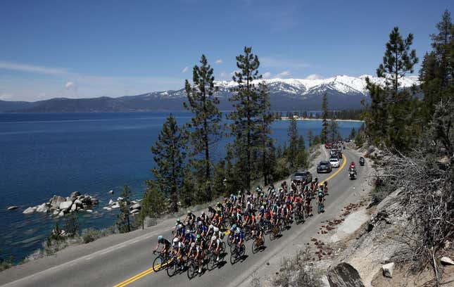 The peloton rides around Lake Tahoe during Stage 1 of the Amgen Breakaway From Heart Disease Women’s Race empowered with SRAM on May 11, 2017 in Lake Tahoe, California. 