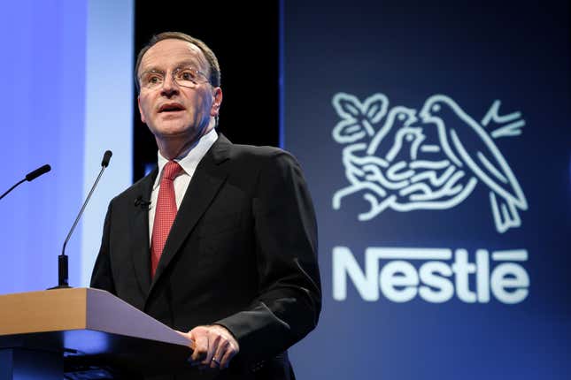 Mark Schneider, PDG sortant de Nestlé, s’adresse à l’assemblée générale annuelle des actionnaires le 11 avril 2019.