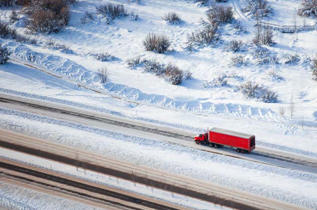 Image for article titled That Semi Truck Passing You This Winter Isn&#39;t Running Snow Tires