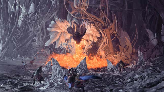 Hunters ride their Seikrets around crystals and a fire-breathing Zoh Shia in the background.