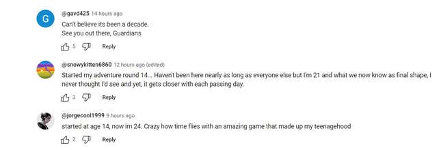 YouTube comments show players getting nostalgic about Destiny. 