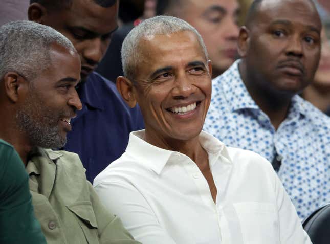 LAS VEGAS, NEVADA - JULY 10: Former U.S. President Barack Obama attends an exhibition game between Canada and the United States ahead of the Paris Olympic Games at T-Mobile Arena on July 10, 2024 in Las Vegas, Nevada. 