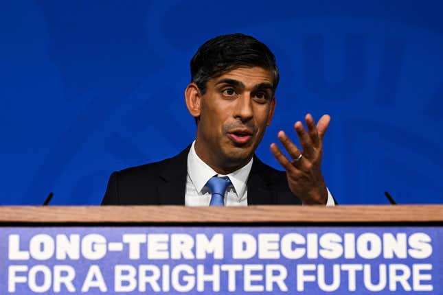 FILE - Britain&#39;s Prime Minister Rishi Sunak delivers a speech during a press conference on the net zero target, at the Downing Street Briefing Room, in central London, Wednesday Sept. 20, 2023. (Justin Tallis/Pool via AP, File)