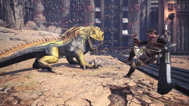 A screenshot of a player in Monster Hunter World using a rope weapon to pull themselves closer to a lizard-like monster.