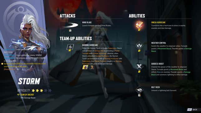 A screenshot shows Storm's various abilities.