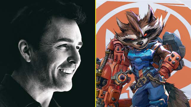 A voice actor is juxtaposed next to a Marvel character.