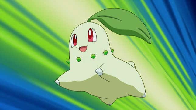 Chikorita is seen jumping in the air.