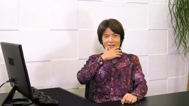 An image of Masahiro Sakurai rubbing his chin, shocked that Sora's joining Smash Ultimate.