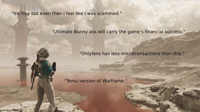 A screenshot from The First Descendant, along with some surrounding Steam reviews.