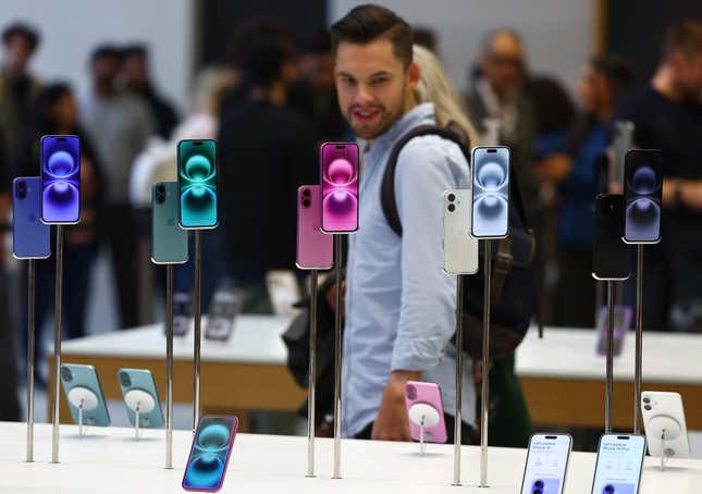 Apple’s Series 16 iPhones on display at the Apple Store, Regent Street in London, England. 