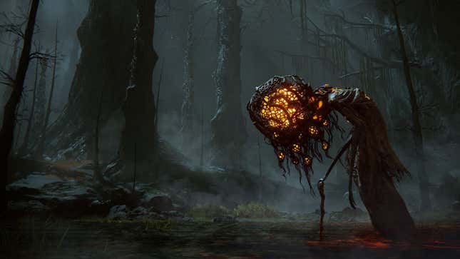 A stooped, tentacle-headed creature walks through dark woods.