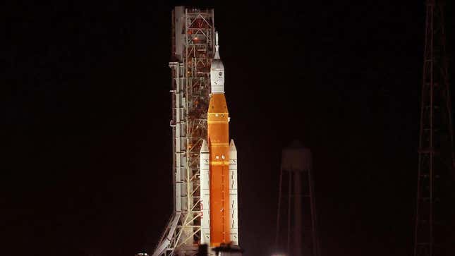 Artemis I sits at launch pad 39-B at Kennedy Space Center in Florida, Tuesday night, Nov. 15, 2022, ahead of its early Wednesday launch.