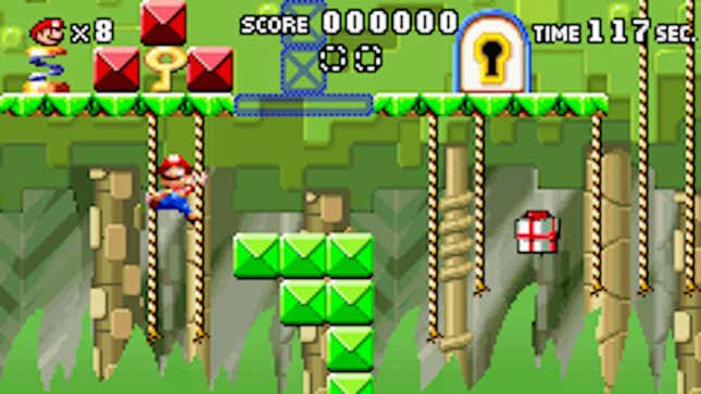 Mario climbs two ropes in pursuit of a key.