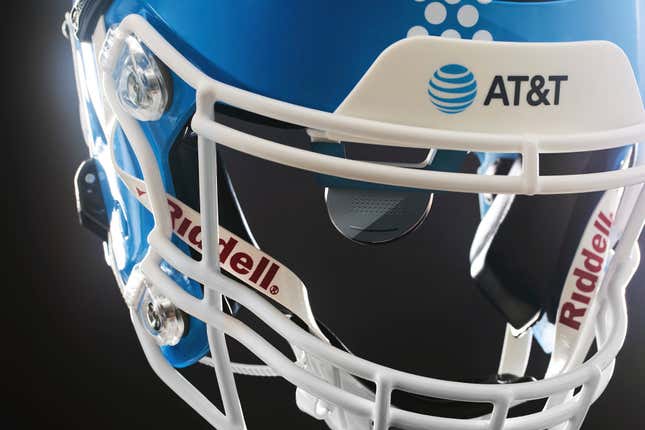 This handout provided by AT&amp;T shows a football helmet developed for quarterbacks who are deaf or hard of hearing, at Gallaudet University in Washington D.C., Sept. 22, 2023. (Matt Monath/AT&amp;T via AP)