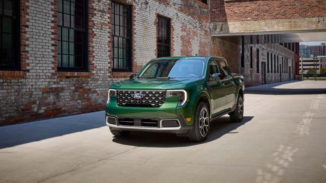 Ford Maverick Lariat Trim In Green on a city street in front of a brick building. 