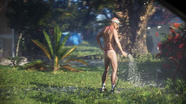 A man in a thong bikini and green poker hat waters his lawn. 