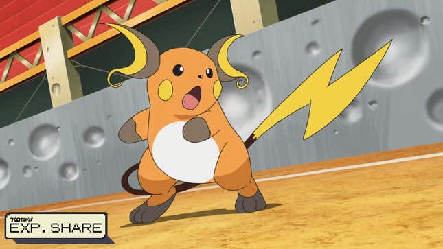 Raichu is shown with a surprised expression on a battlefield.