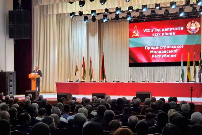 This image made available on the official Telegram channel of Supreme Council of the Pridnestrovian Moldavian Republic shows Alexander Korshunov, Chairman of the Pridnestrovian Moldavian Republic&#39;s Supreme Council, addressing delegates during a session in Tiraspol, the capital of the breakaway region of Transnistria, in Moldova, Wednesday, Feb. 28, 2024. Legislators in Moldova&#39;s Russia-backed breakaway region of Transnistria used a rare meeting on Wednesday to appeal to Moscow and the European Union and other international bodies for help amid mounting socio-economic pressure they blame on Moldova&#39;s pro-Western government. (Supreme Council of the PMR telegram channel via AP)