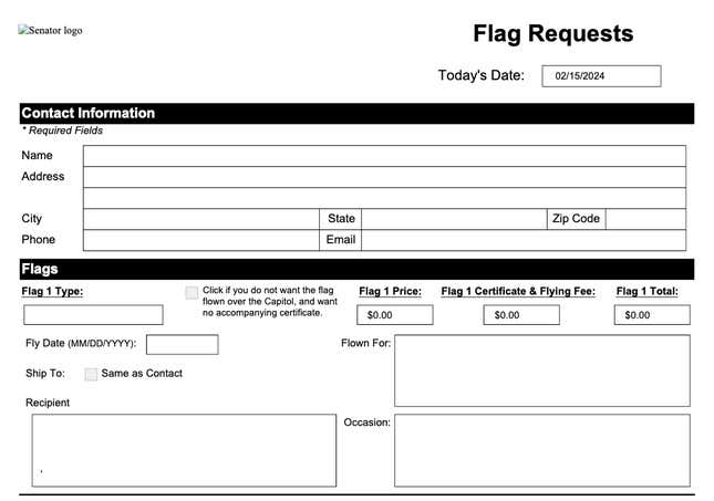 Una captura de pantalla de uno de los formularios en línea en el sitio web del senador Warren que permite a cualquier persona ondear una bandera en el Capitolio de los Estados Unidos en honor de alguien.