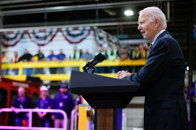 FILE - President Joe Biden speaks at the Amtrak Bear Maintenance Facility, Monday, Nov. 6, 2023, in Bear, Del. Biden goes into next year&#39;s election with a vexing challenge: Just as the U.S. economy is getting stronger, people are still feeling horrible about it. Pollsters and economists say there has never been as wide a gap between the underlying health of the economy and public perception. (AP Photo/Andrew Harnik, File)