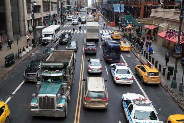 FILE - Traffic traverses 42nd Street near Grand Central Terminal, in New York, Jan. 11, 2018. Most drivers would pay $15 to enter Manhattan&#39;s central business district under a plan released by New York officials Thursday, Nov. 30, 2023. The congestion pricing plan, which neighboring New Jersey has filed a lawsuit over, will be the first such program in the United States if it receives final approval by transit officials. (AP Photo/Mary Altaffer, File)