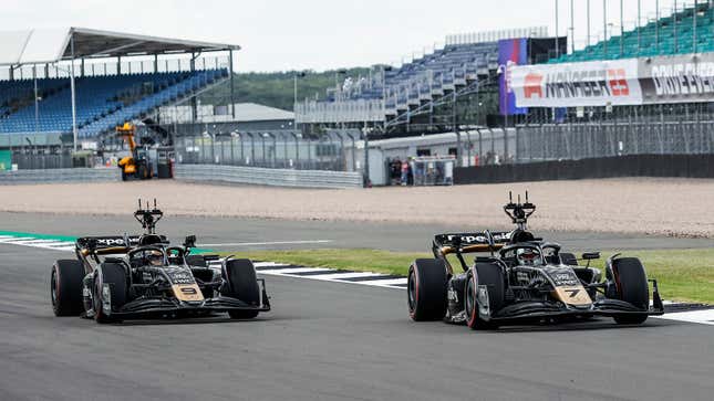 A photo of the two Formula 1 cars being used in Brad Pitt's F1 movie. 