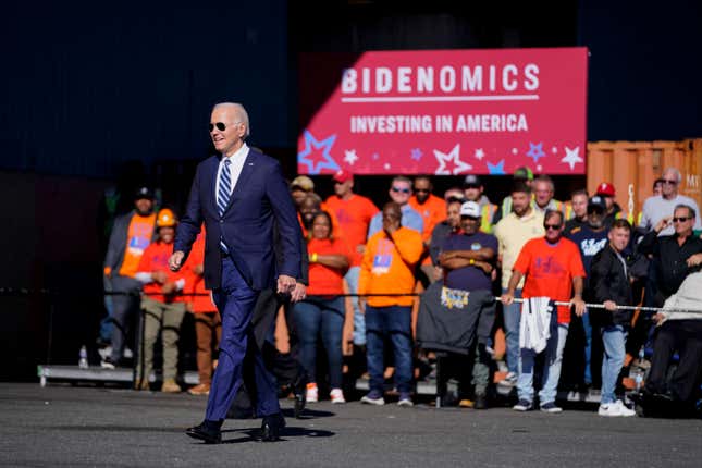 President Joe Biden arrives to speak at Tioga Marine Terminal, Friday, Oct. 13, 2023, in Philadelphia. (AP Photo/Evan Vucci)