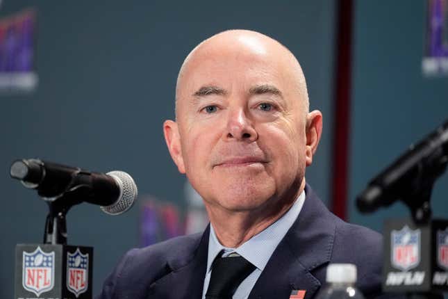 Homeland Security Secretary Alejandro Mayorkas listens during a news conference about security for NFL&#39;s Super Bowl 58 football game, in Las Vegas, Wednesday, Feb. 7, 2024. (AP Photo/Alex Brandon)