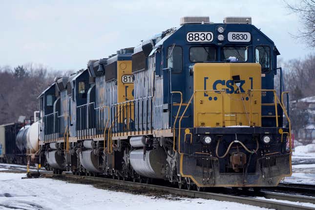 FILE - CSX locomotives rest together on tracks at CSX North Framingham Yard, Tuesday, Jan. 24, 2023, in Framingham, Mass. CSX reports their earnings Wednesday, Jan. 24, 2024. (AP Photo/Steven Senne)