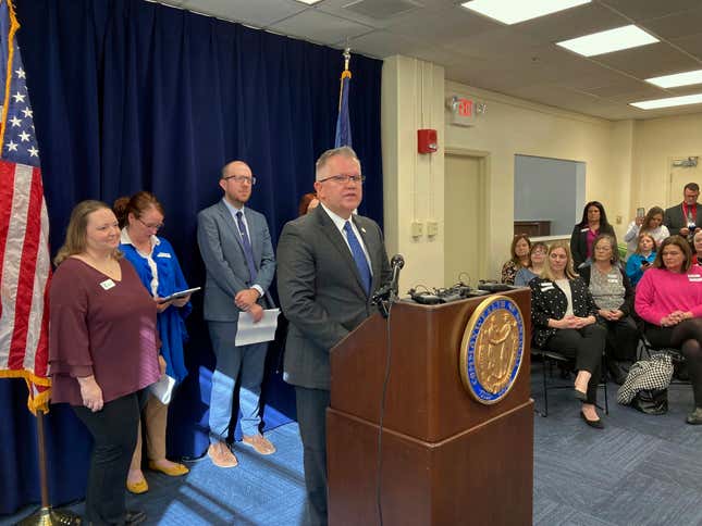 Kentucky state Sen. Danny Carroll unveils details of his bill to shore up and expand access to childcare in Kentucky on Tuesday, Feb. 13, 2024, in Frankfort, Ky. Carroll&#39;s bill also aims to bolster early childhood education in the state. (AP Photo/Bruce Schreiner)