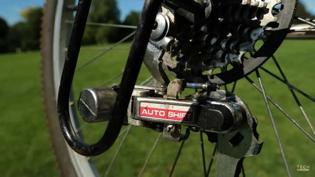 A photo of an automatic derailleur on an old bike. 