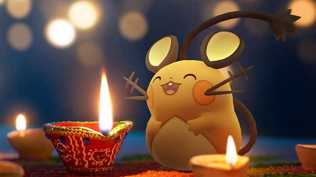 Dedenne sits on a carpet and smiles brightly as a candle flame rises from an ornate candlestick