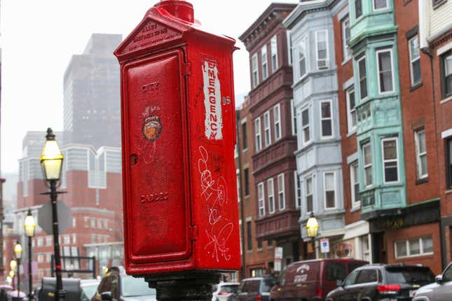 File photo of a Fire Box in Boston, which the local fire department has instructed people to use in an emergency since 911 is down across the state.&#xA;