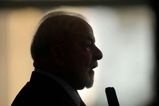 Brazil&#39;s President Luiz Inacio Lula da Silva makes his speech during a ceremony to commemorate Amazon Day, in Brasilia, Brazil, Tuesday, Sept. 5, 2023. (AP Photo/Eraldo Peres)