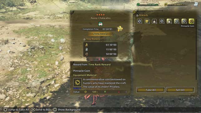 The Rewards screen from completing the Arena: Chatacabra quest, focusing on a Pinnacle Coin reward.