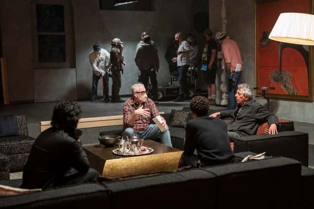 Rolin Jones, Eric Bogosian as Daniel Molloy, Jacob Anderson as Louis De Point Du Lac, and Assad Zaman as Rashid during the filming of Interview With The Vampire season 1