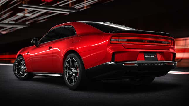 Rear 3/4 view of a red 2024 Dodge Charger Daytona EV
