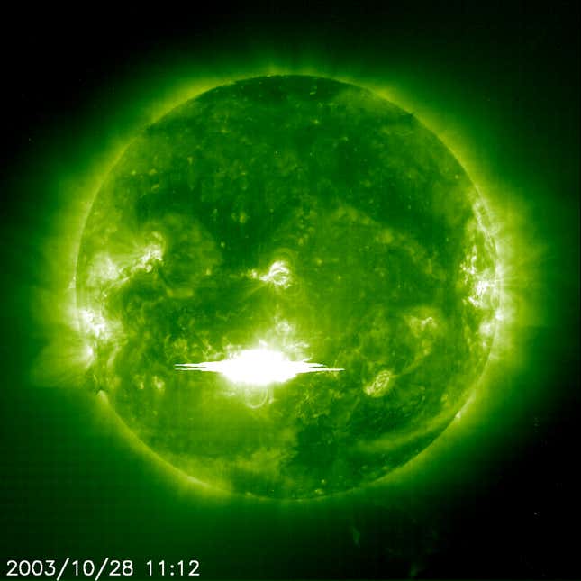 The Solar and Heliospheric Observatory (SOHO) spacecraft captured this epic solar flare in 2003.