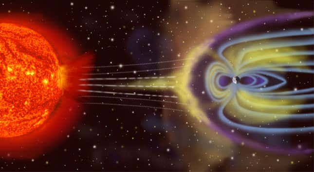 Artist’s depiction of the solar wind colliding with Earth’s magnetosphere.