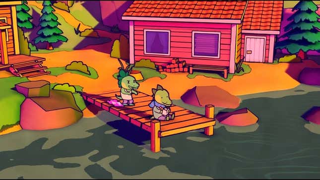 Dinosaurs sit at a dock.