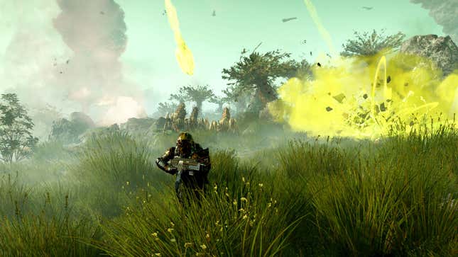 A Helldivers 2 soldier runs away from what might be a poison cloud in a lush, green field. 